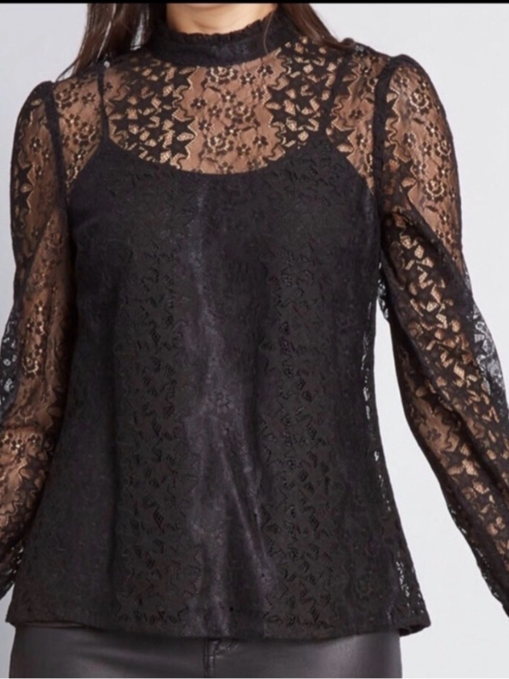 ModCloth black sheer star pattern lace tank lined S long sleeve mock neck blouse